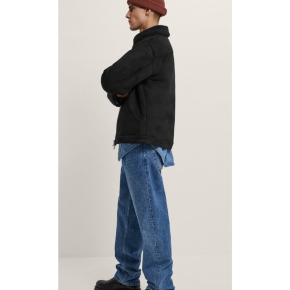 ZARA Black Faux Suede Aviator Jacket Shearling Lined Zip Coat Mens L - Picture 5 of 14